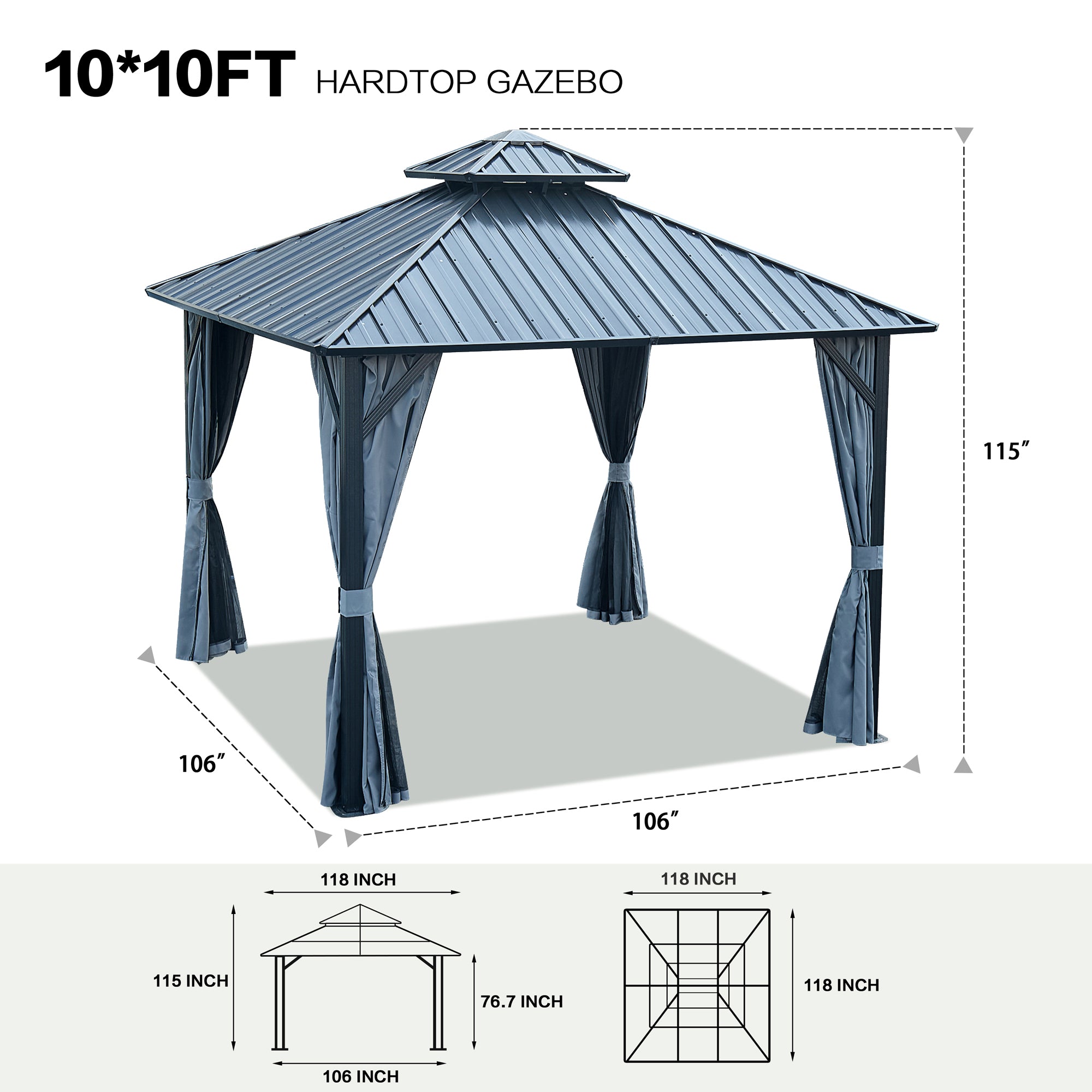 10 ft. x 10 ft. Gray Aluminum Outdoor Hardtop Patio Gazebo with Steel Canopy, Netting and Curtains    BOGASCG03GR