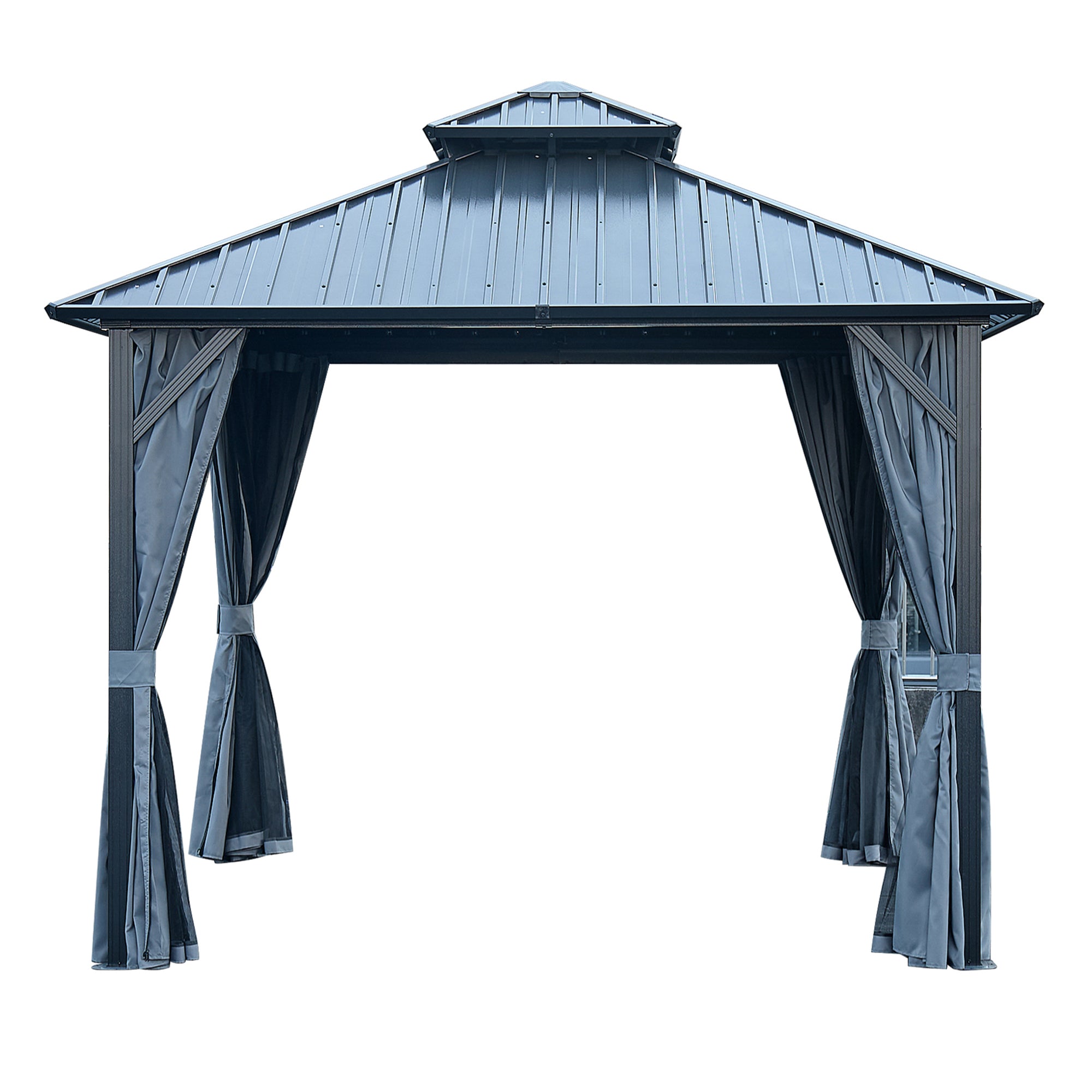 10 ft. x 10 ft. Gray Aluminum Outdoor Hardtop Patio Gazebo with Steel Canopy, Netting and Curtains    BOGASCG03GR