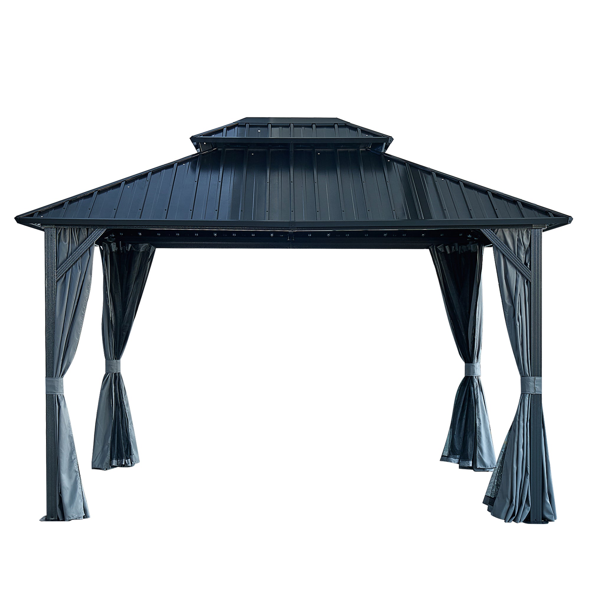 10 ft. x 12 ft. Grey Double Roof Canopy Outdoor Hardtop Patio Gazebo with Netting and Curtains  BOGASCG05GR