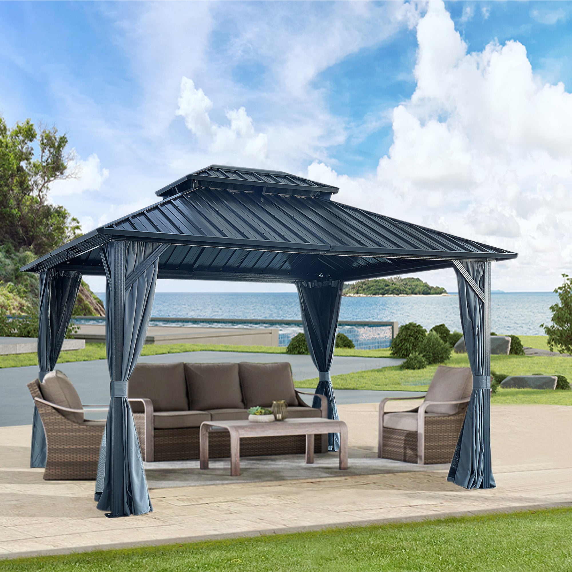 10 ft. x 12 ft. Grey Double Roof Canopy Outdoor Hardtop Patio Gazebo with Netting and Curtains  BOGASCG05GR