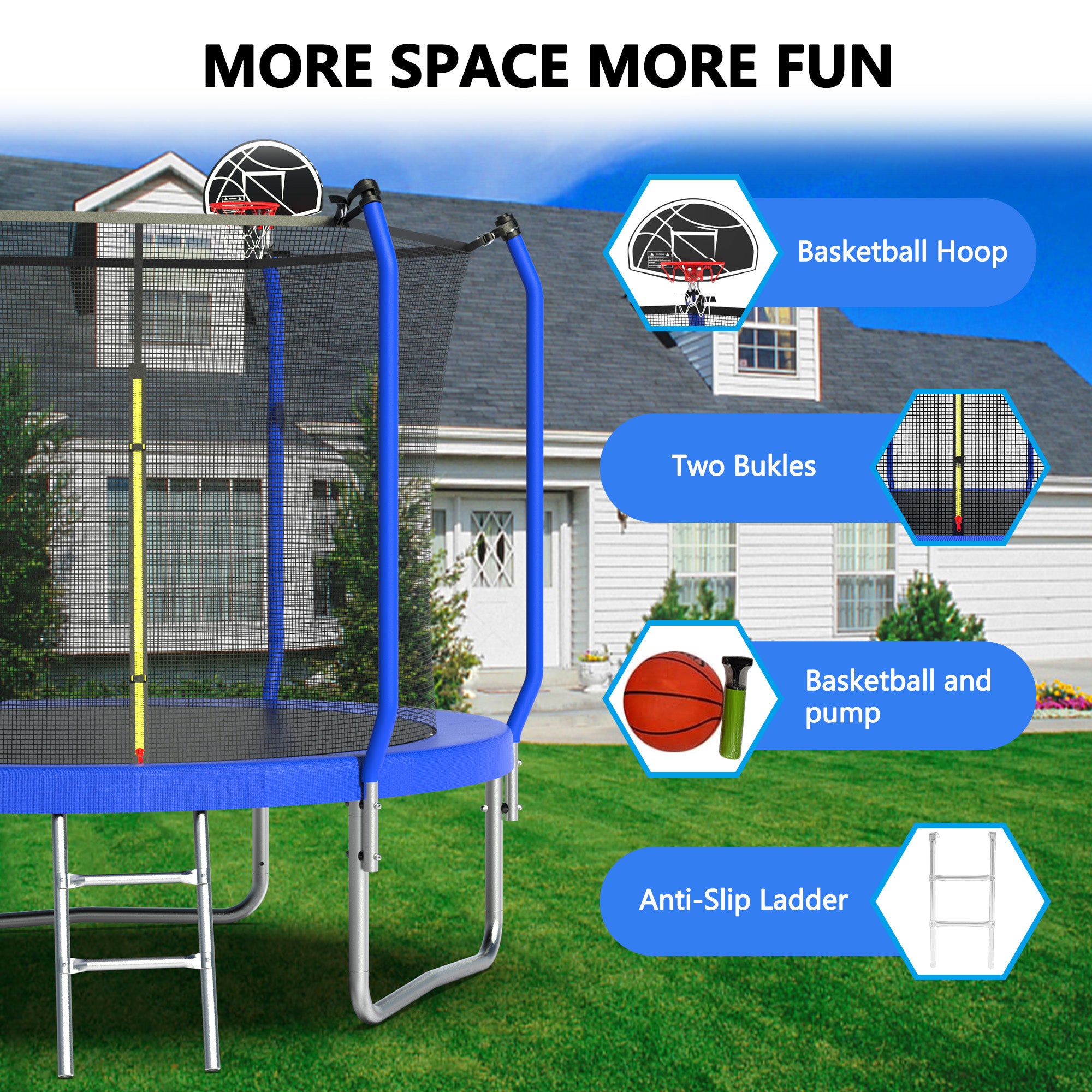 10 ft. Blue Galvanized Anti-Rust Outdoor Round Trampoline with Basketball Hoop and Enclosure Net BOMERTP54-BL