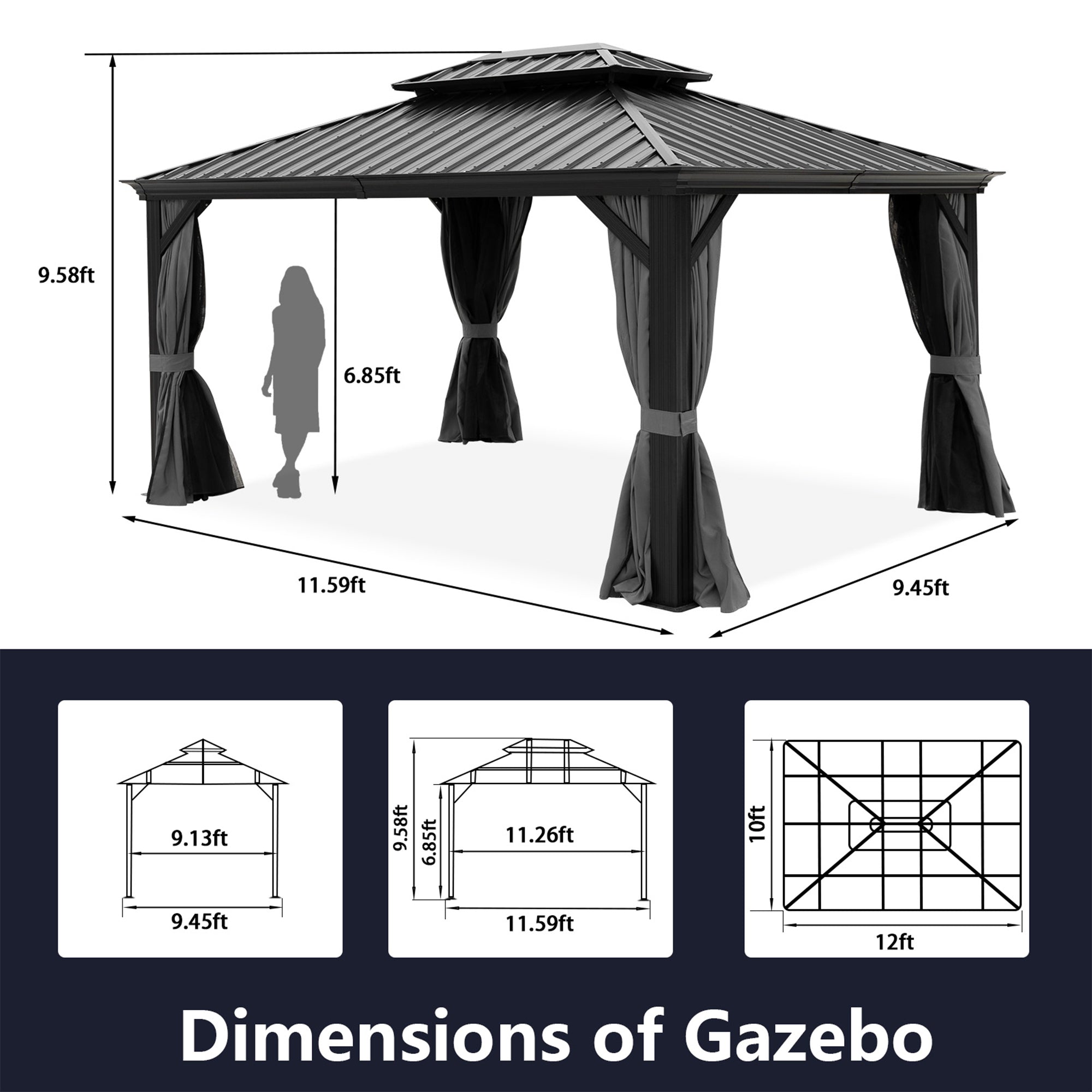 10 ft. x 12 ft. Aluminum Alloy Outdoor Patio Hardtop Gazebo with Netting and Curtain