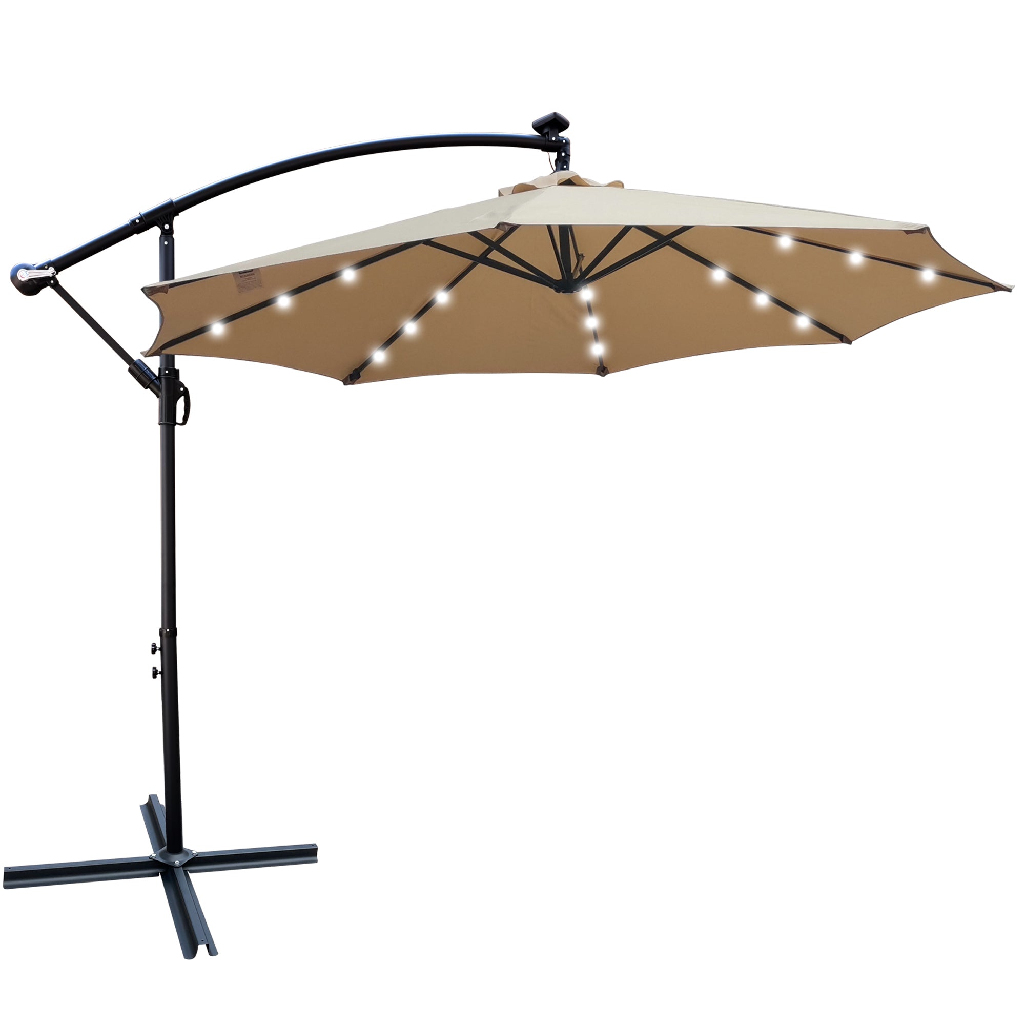 10 ft. Outdoor Patio Solar Powered LED Lighted Sun Shade Market Waterproof 8 Ribs Umbrella with Crank and Cross Base