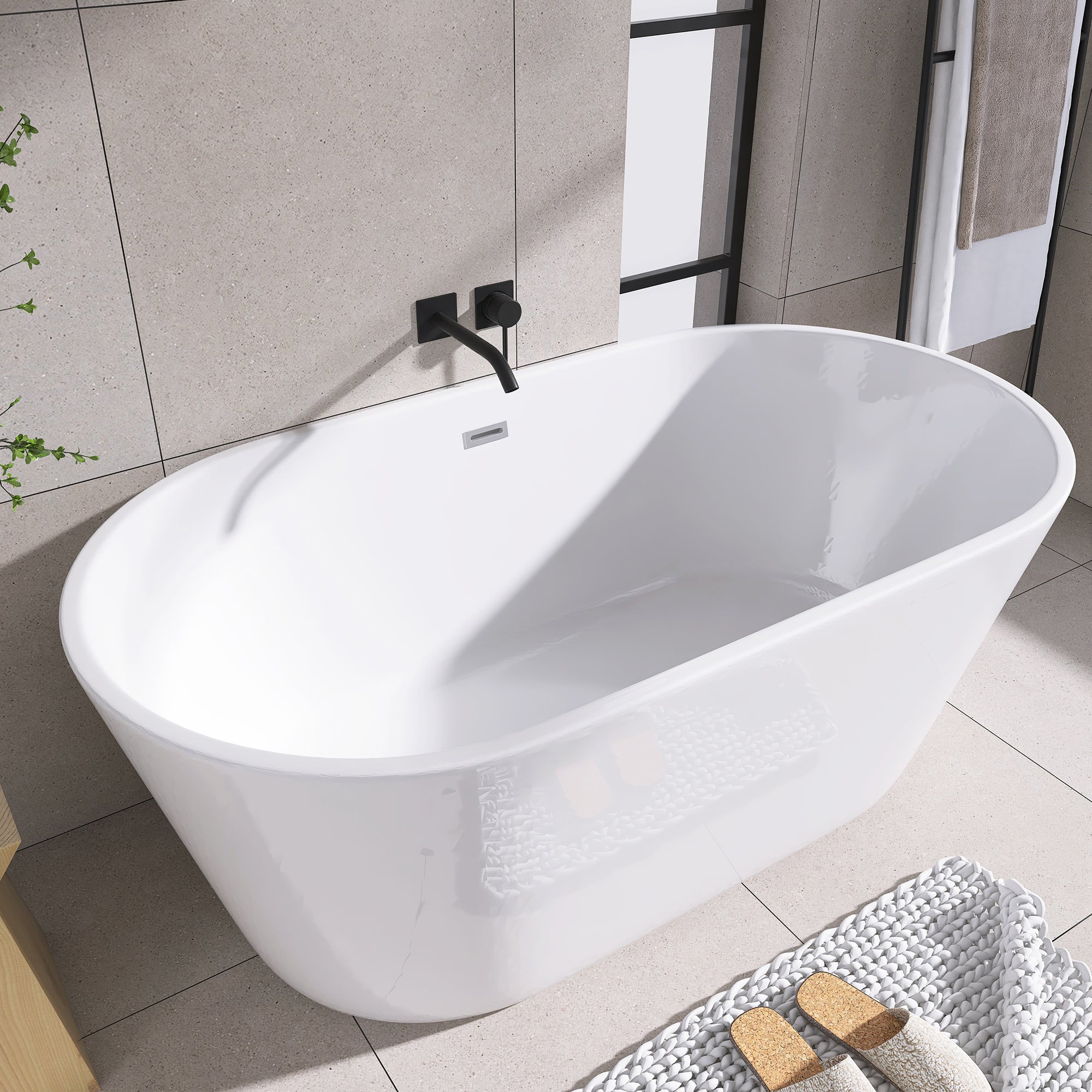 Staykiwi Acrylic Freestanding Soaking Bathtub in Glossy White with Chrome Drain