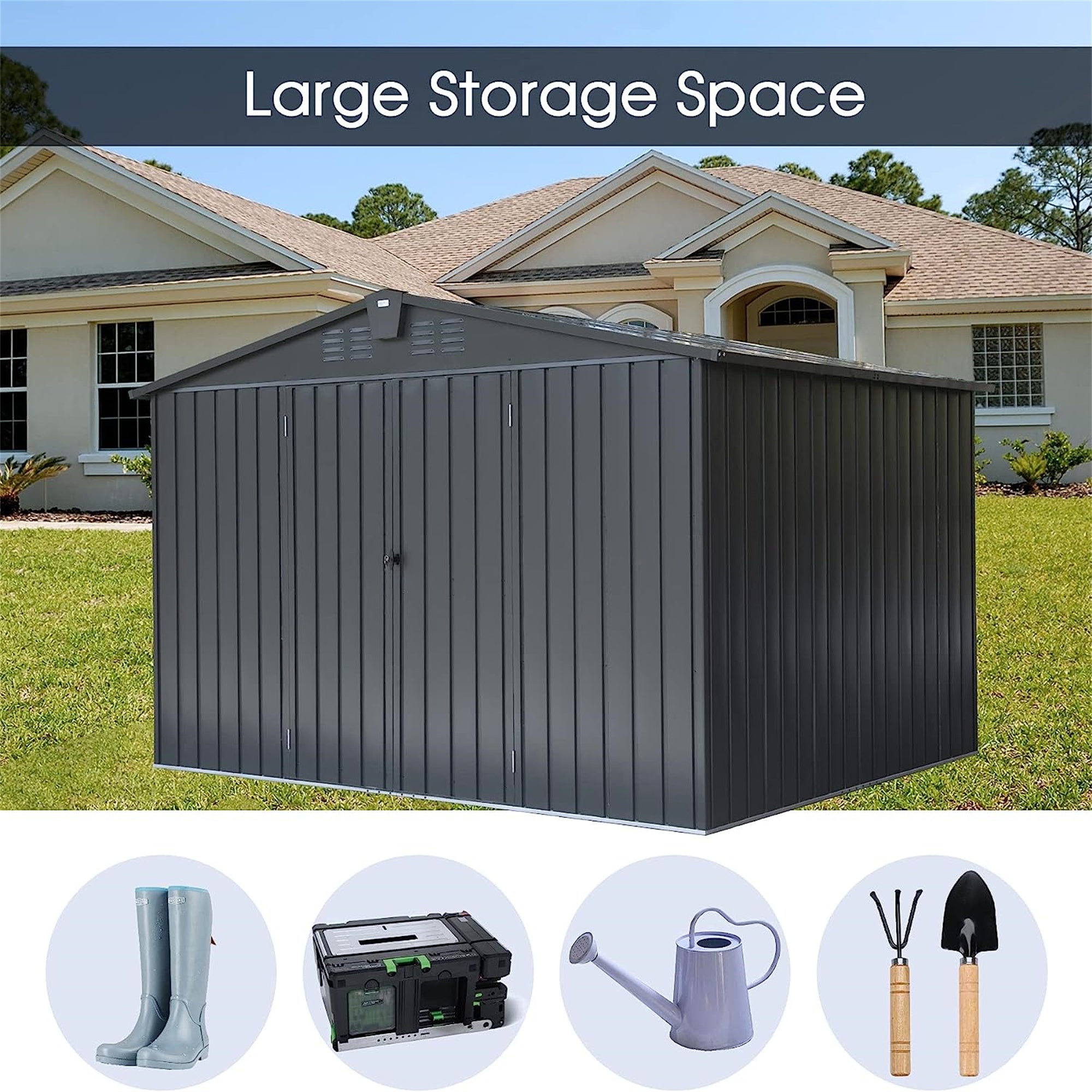 10 ft. W x 8 ft. D Black Metal Storage Shed with Double Door (80 sq. ft.) JMCPGS07-B