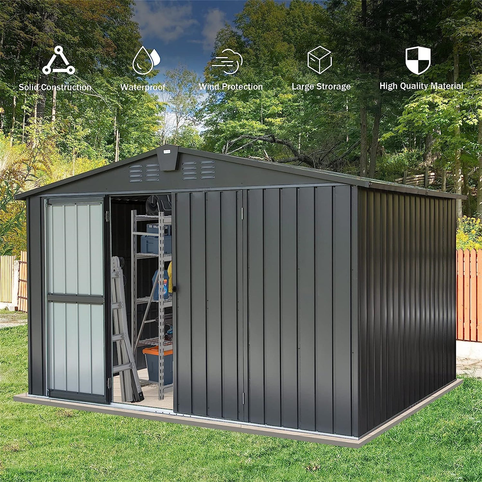 10 ft. W x 8 ft. D Black Metal Storage Shed with Double Door (80 sq. ft.) JMCPGS07-B