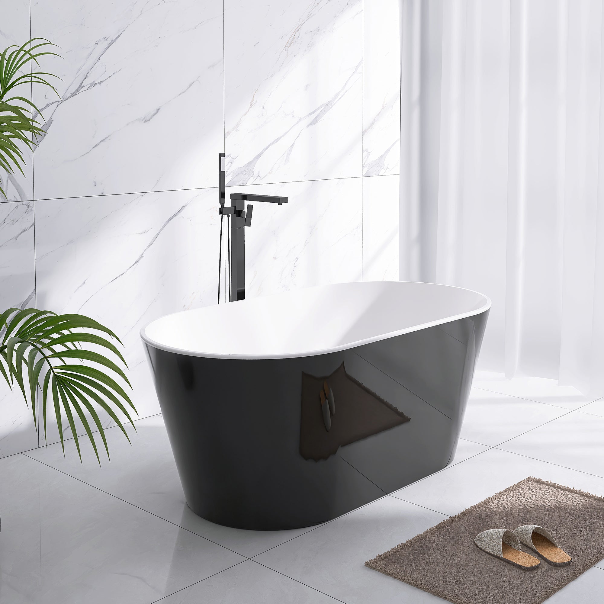 Staykiwi Acrylic Freestanding Soaking Bathtub in Glossy White and Black with Chrome Drain