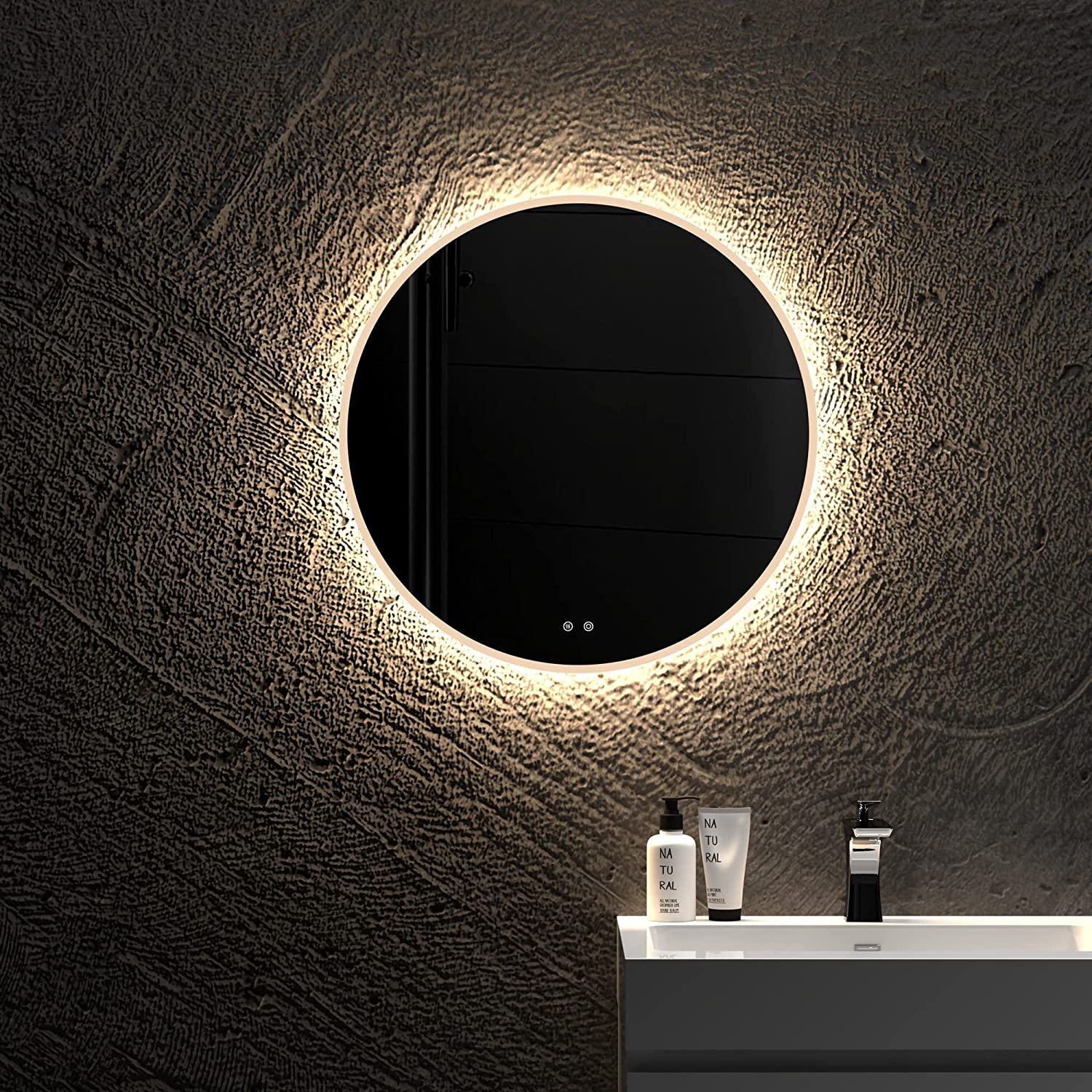 JimsMaison Round Led Bathroom Mirror with Lights, Anti-Fog Front and Backlit Mirror for Bathroom, 3 Colors Dimmable Bathroom Led Mirror, Wall Mount Lighted Vanity Makeup Mirror