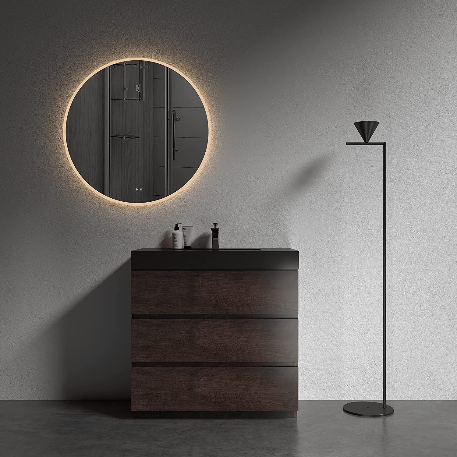 JimsMaison Round Led Bathroom Mirror with Lights, Anti-Fog Front and Backlit Mirror for Bathroom, 3 Colors Dimmable Bathroom Led Mirror, Wall Mount Lighted Vanity Makeup Mirror