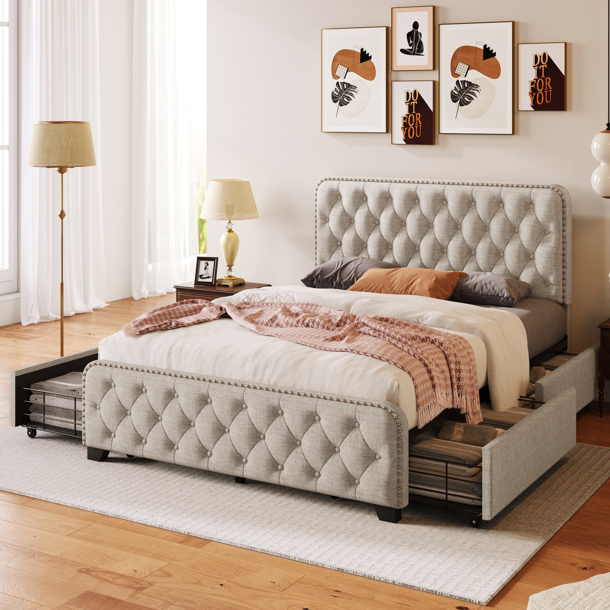 Upholstered Platform Bed with 4 Drawers, Button Tufted Headboard and Footboard Sturdy Metal Support