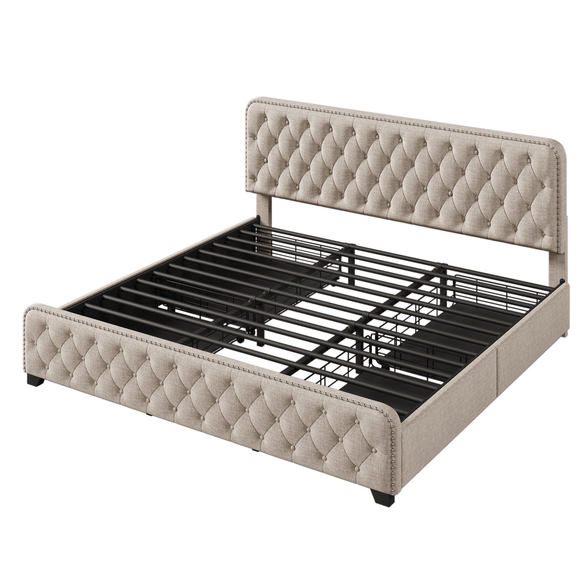 Upholstered Platform Bed with 4 Drawers, Button Tufted Headboard and Footboard Sturdy Metal Support