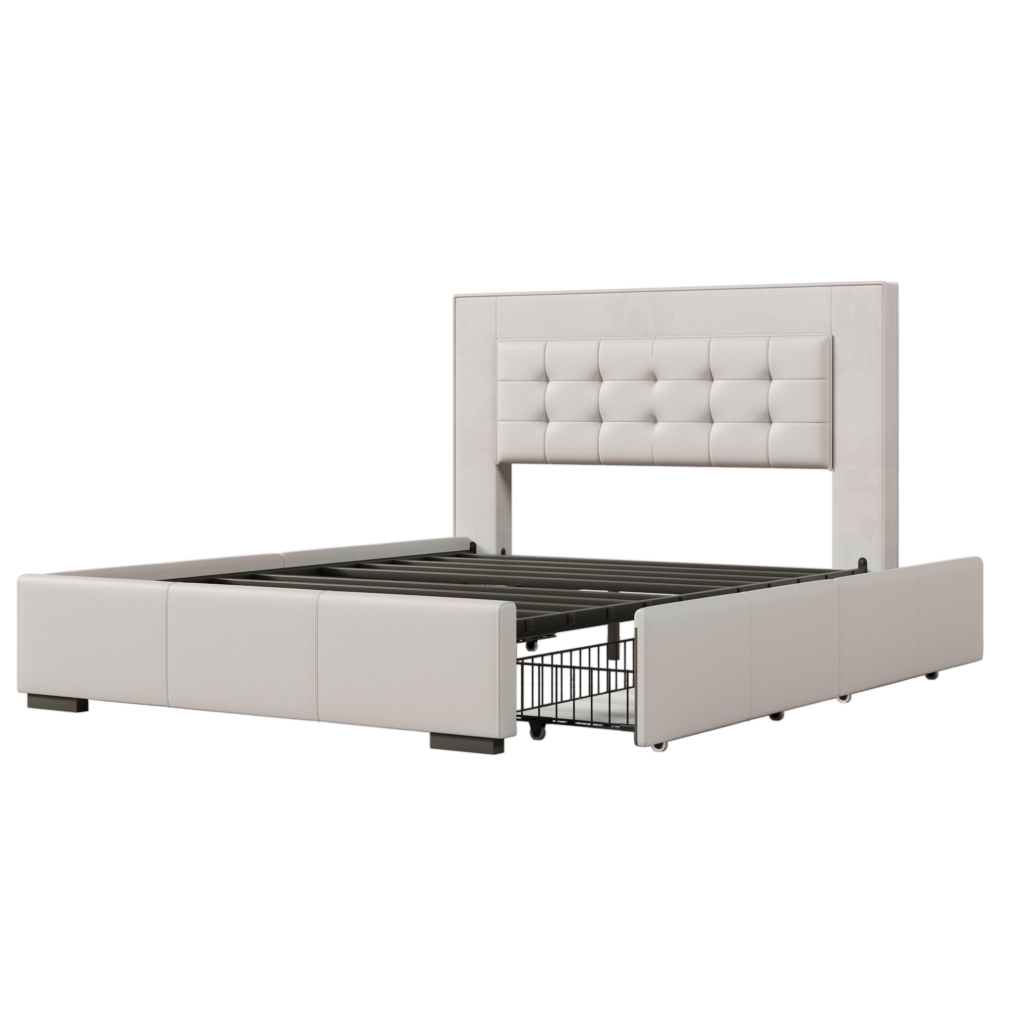 Upholstered Queen Platform Bed Frame with Four Drawers