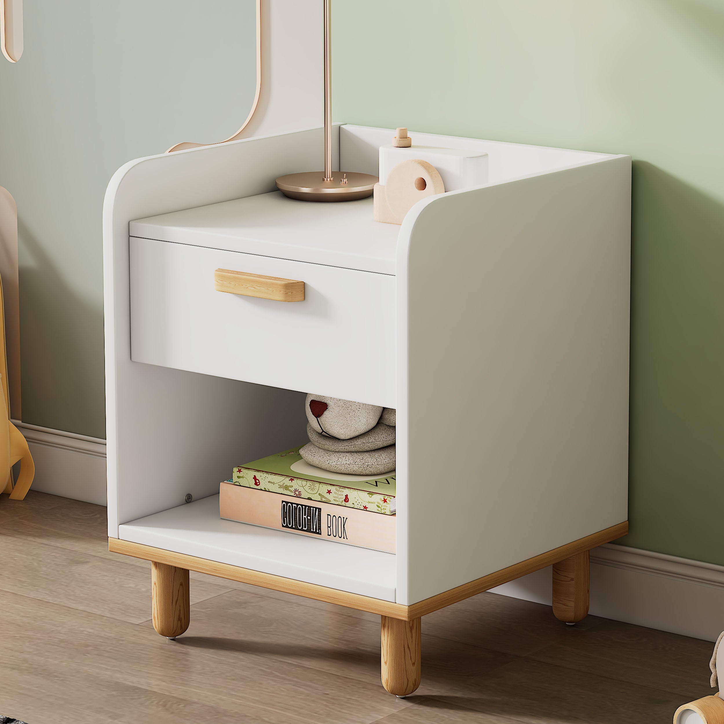 1-Drawer Wood Nightstand in White with Open Storage Shelf