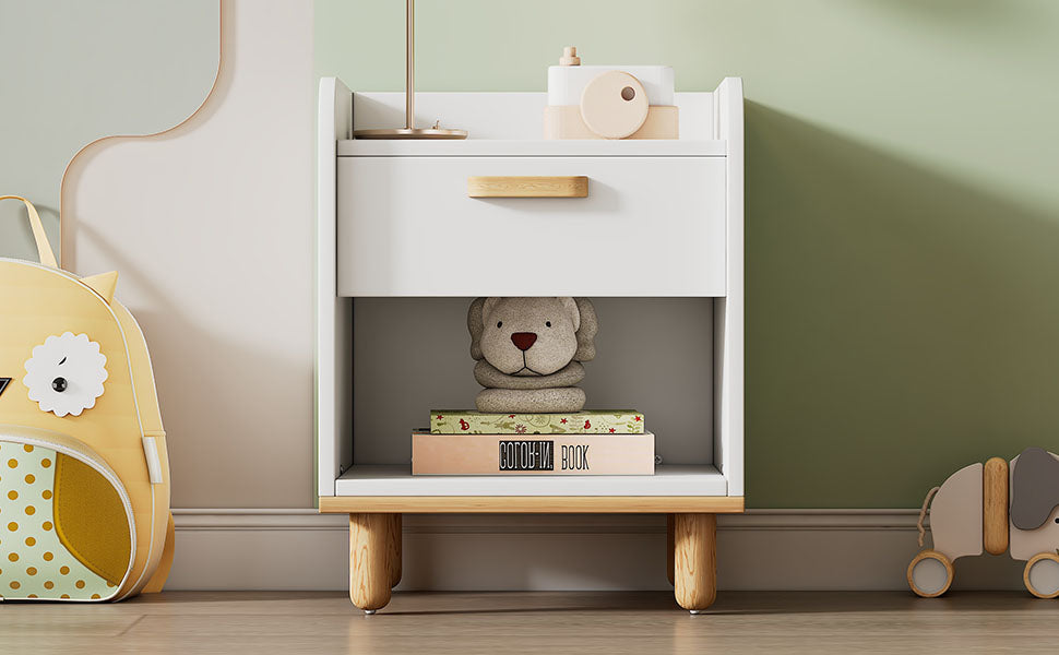 1-Drawer Wood Nightstand in White with Open Storage Shelf