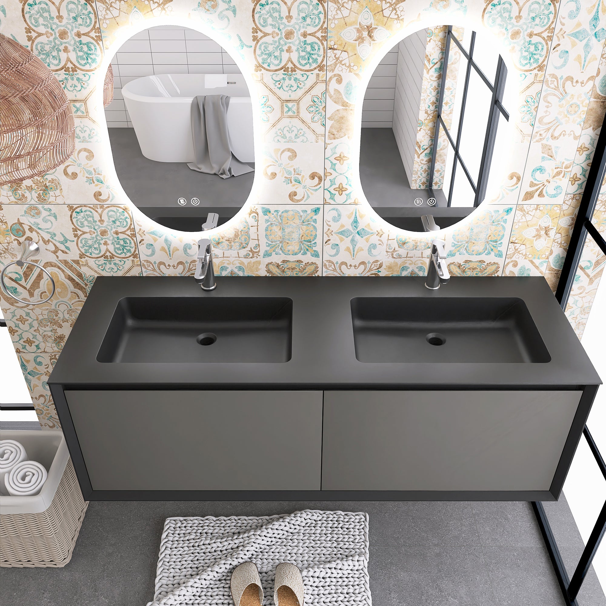 60-inch Wall-Mounted Bathroom Vanity with Integrated Solid Surface Double Sinks