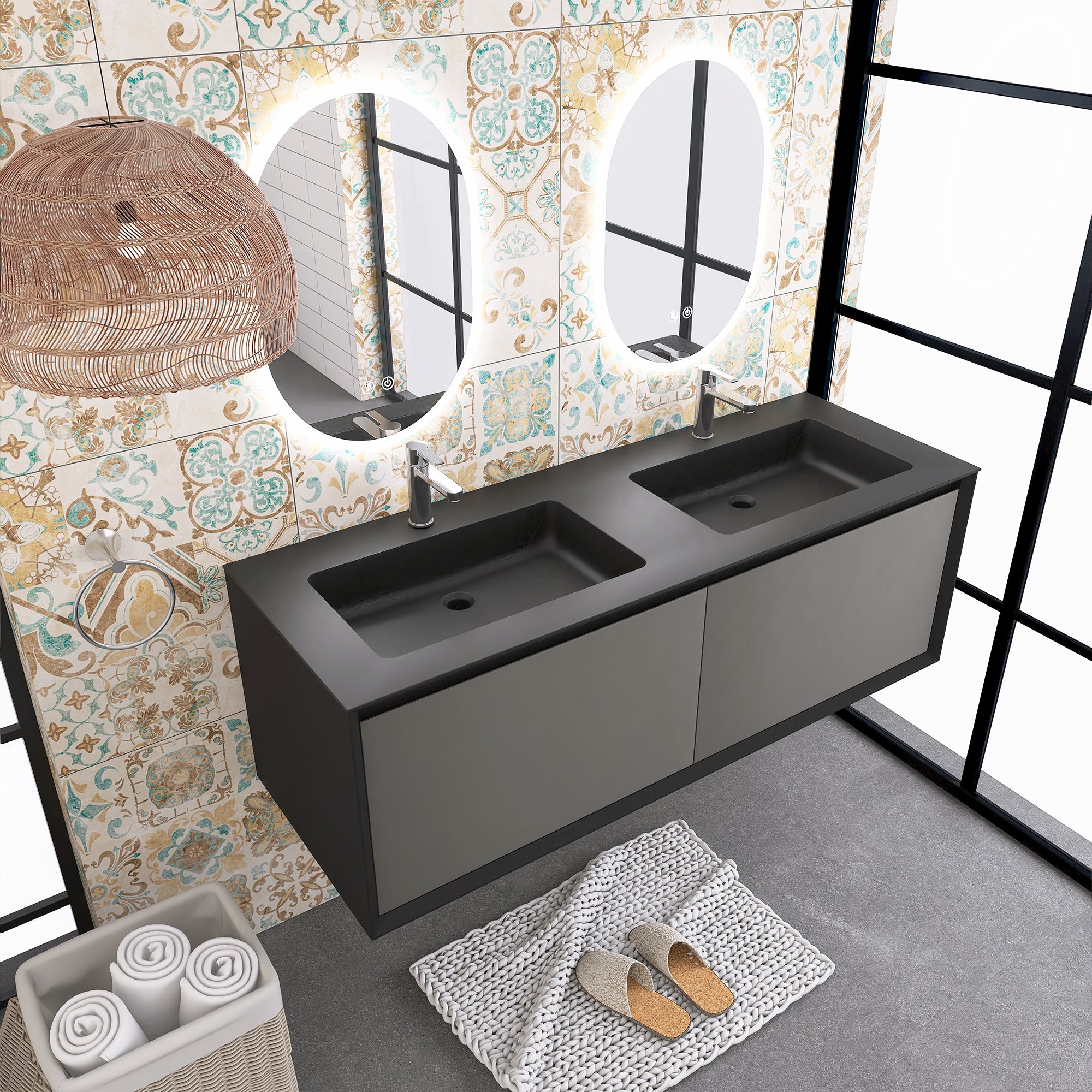 60-inch Wall-Mounted Bathroom Vanity with Integrated Solid Surface Double Sinks
