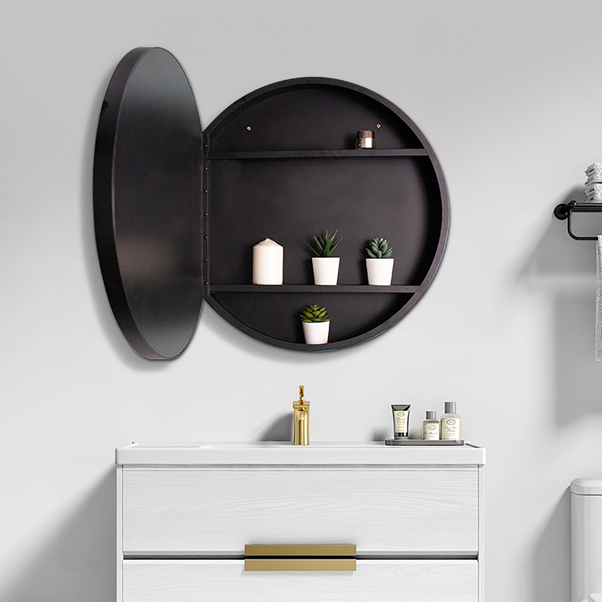 Staykiwi Medicine Cabinet Round 24 x 24 Inch, Wall Mount Bathroom Cabinet with Mirror, Circular Black Metal Framed Bath Storage Cabinet Surface Mounted