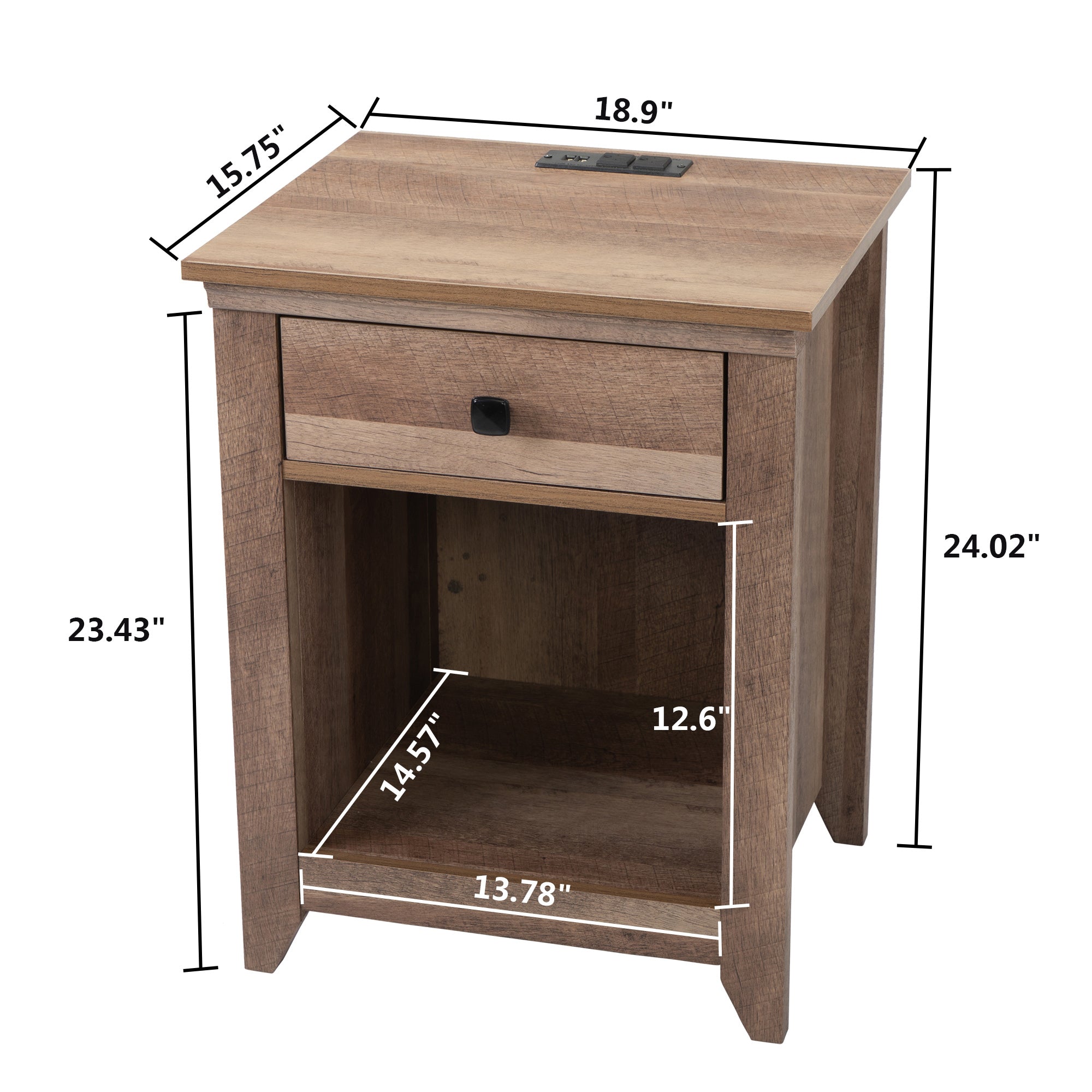 1-Drawer Wood Nightstand with USB Ports and Open Shelf