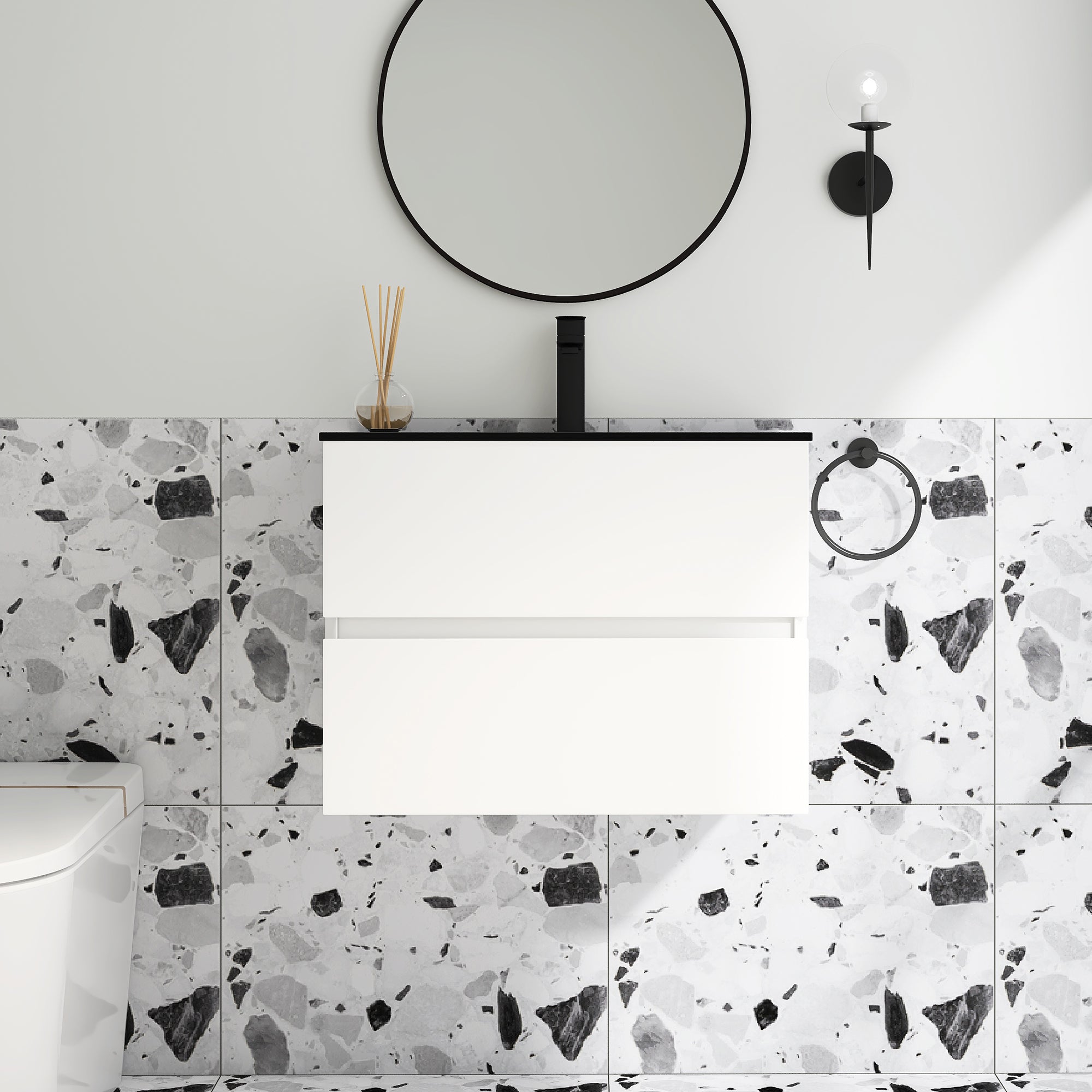 Staykiwi Bathroom Vanity in White with Black Quartz Top