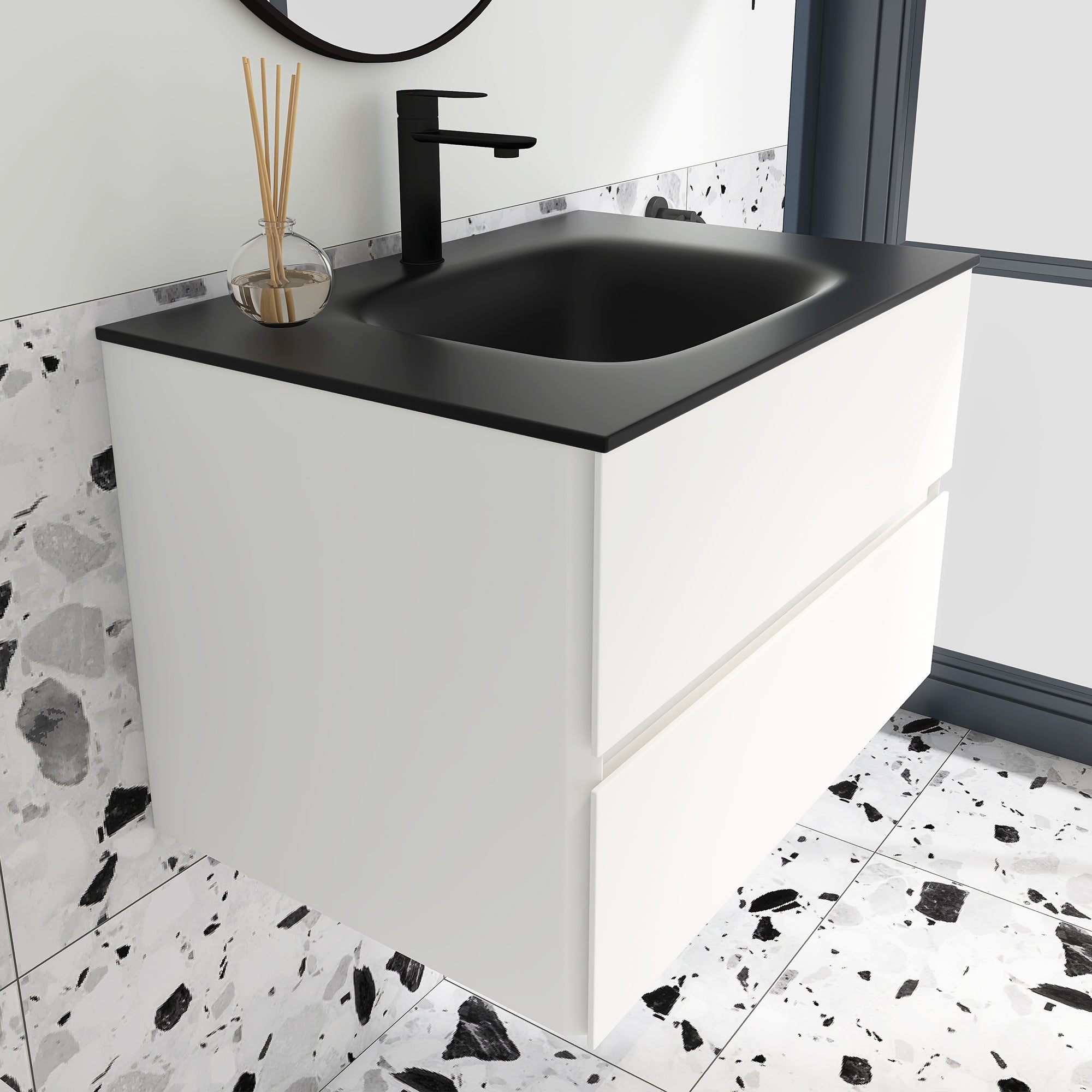 Staykiwi Bathroom Vanity in White with Black Quartz Top
