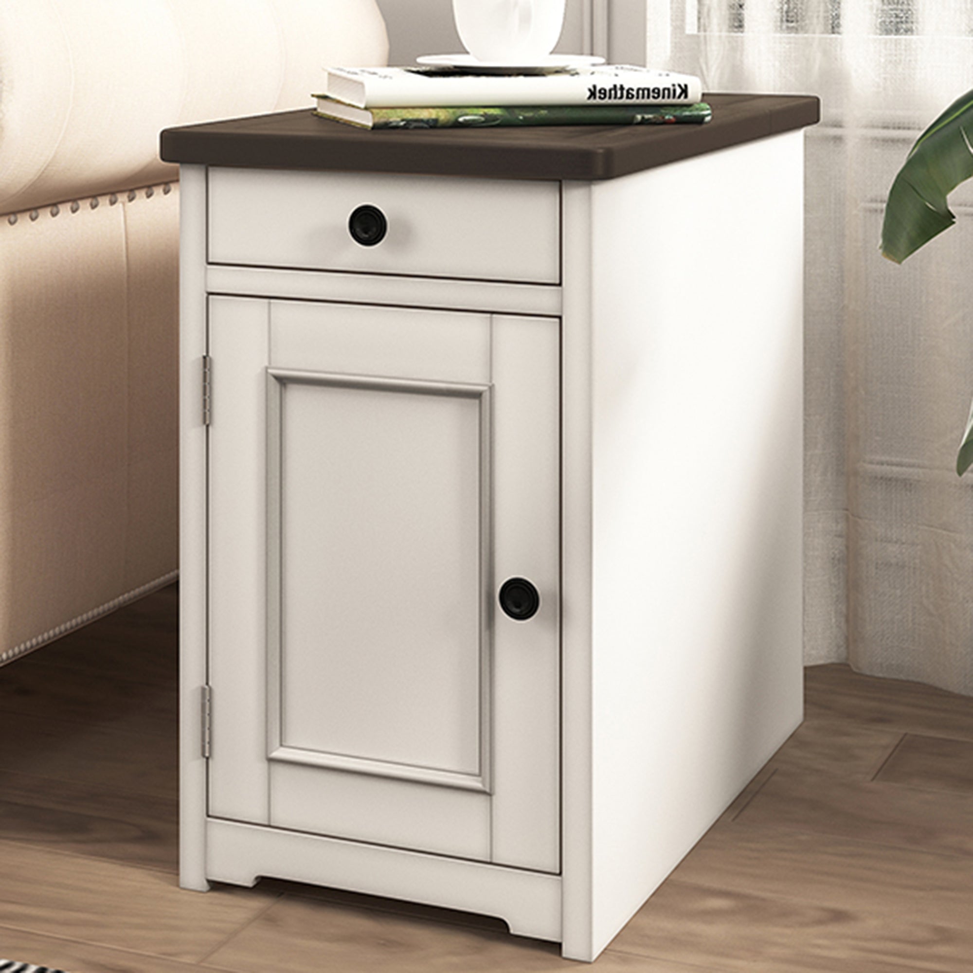 1-Drawer Solid Wood End Table with USB Ports