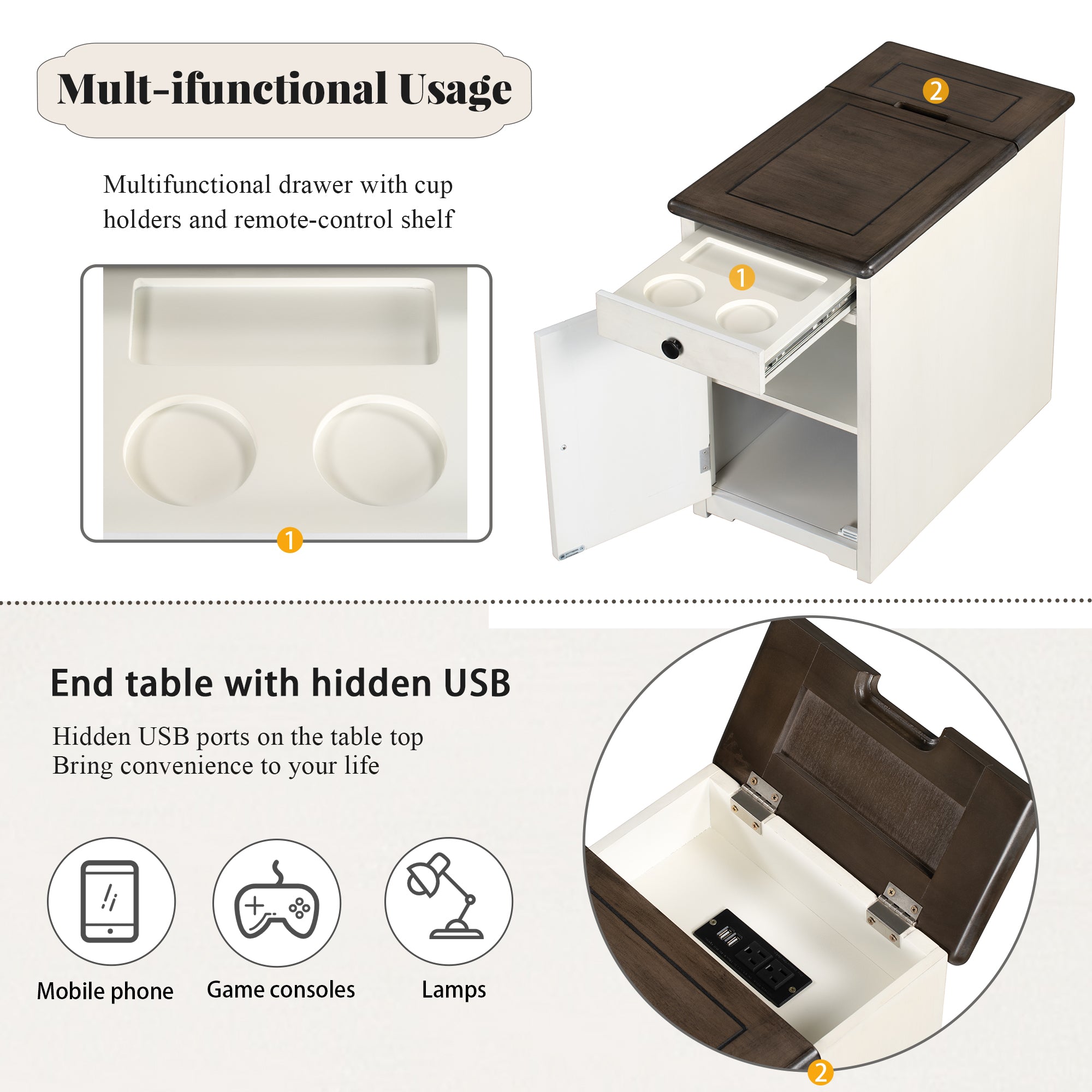 1-Drawer Solid Wood End Table with USB Ports