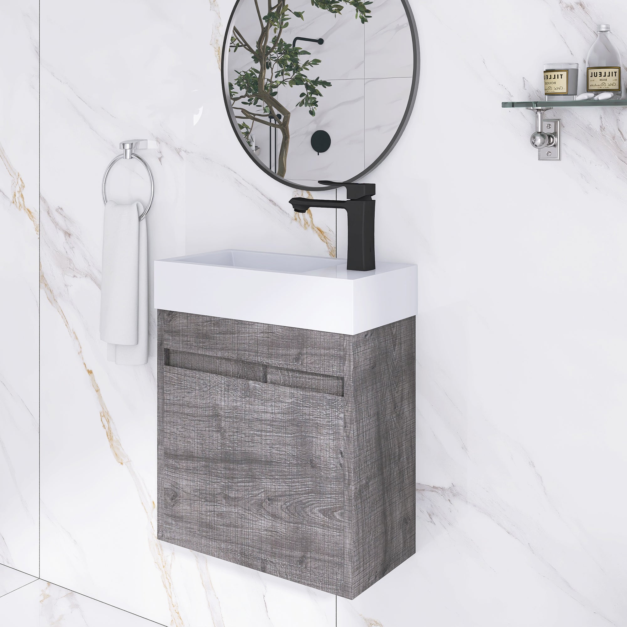 18" Bathroom Vanity with Sink, Floating Bathroom Vanity Sink Set, Wall Mount Bathroom Cabinet Vanity with Single Sink Combo for Small Space (18 x 10, Imitative Oak)