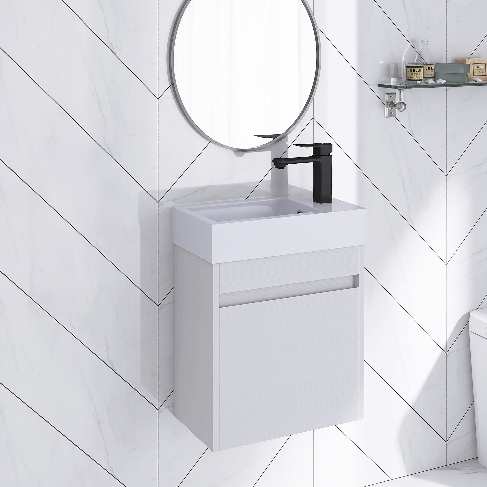 18" Bathroom Vanity with Sink, Floating Bathroom Vanity Sink Set, Wall Mount Bathroom Cabinet Vanity with Single Sink Combo for Small Space (18 x 10, Imitative Oak)