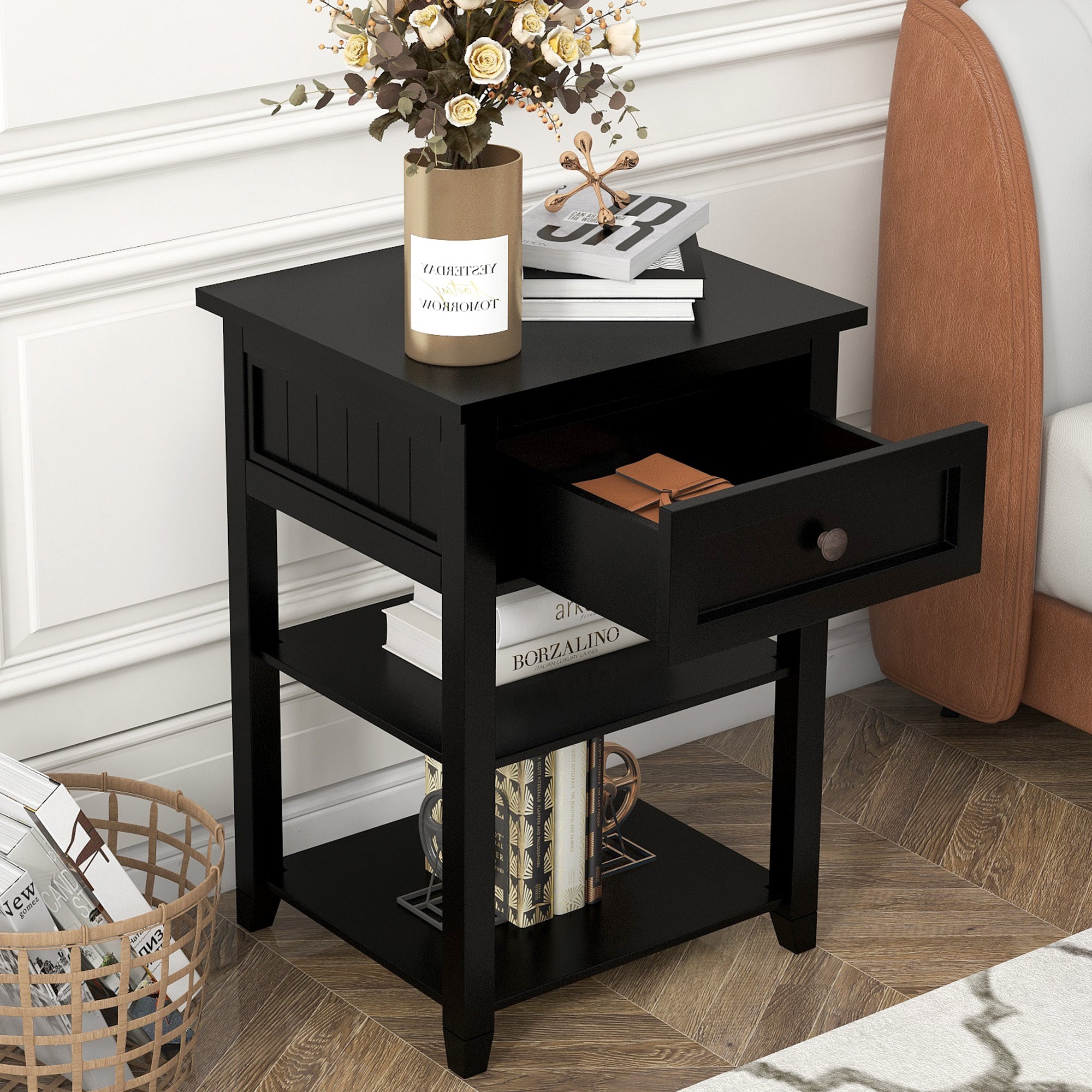 1-Drawer Wood Nightstand with Exterior Shelves