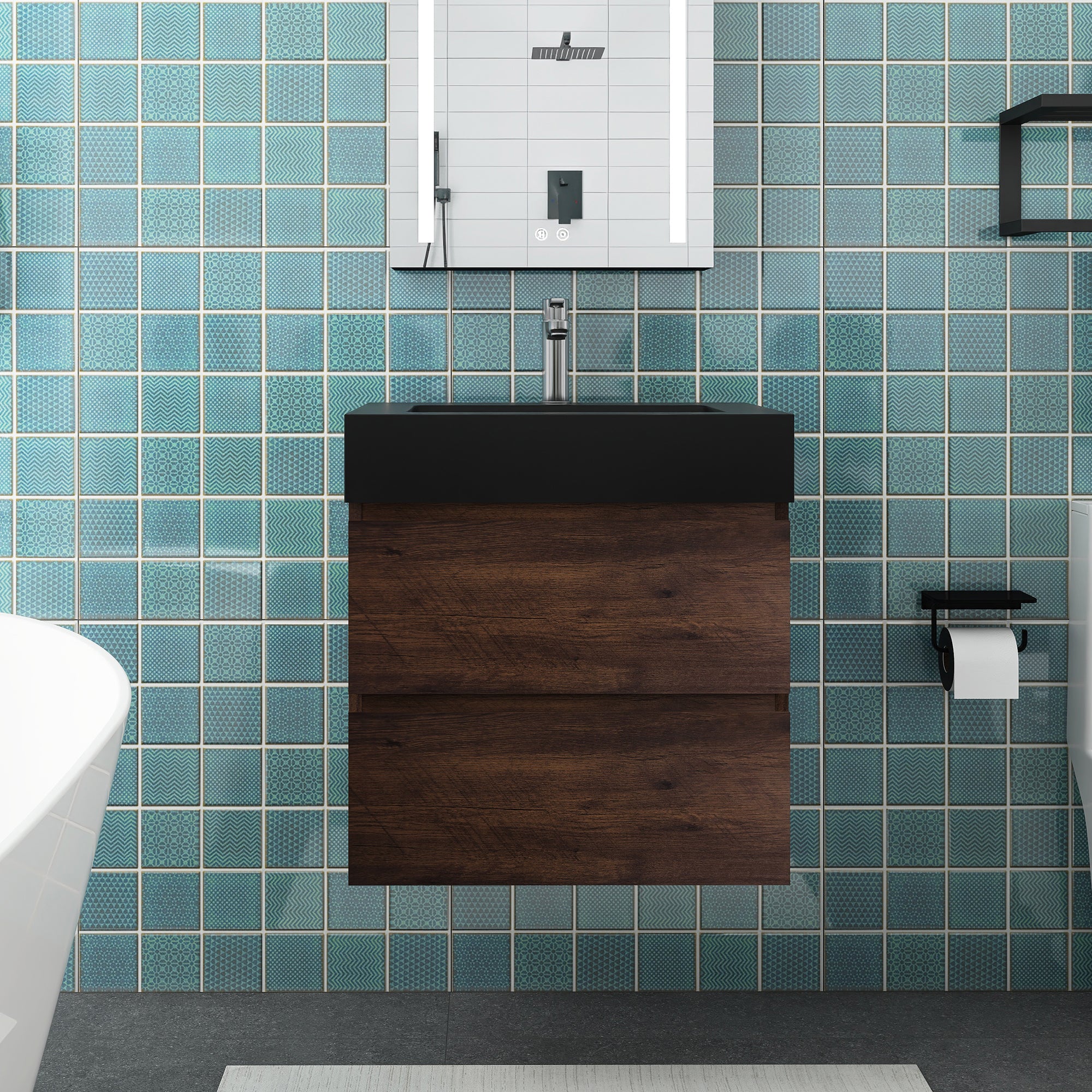Staykiwi Wall-Mounted Bathroom Vanity Set with Black Integrated Solid Surface Sink