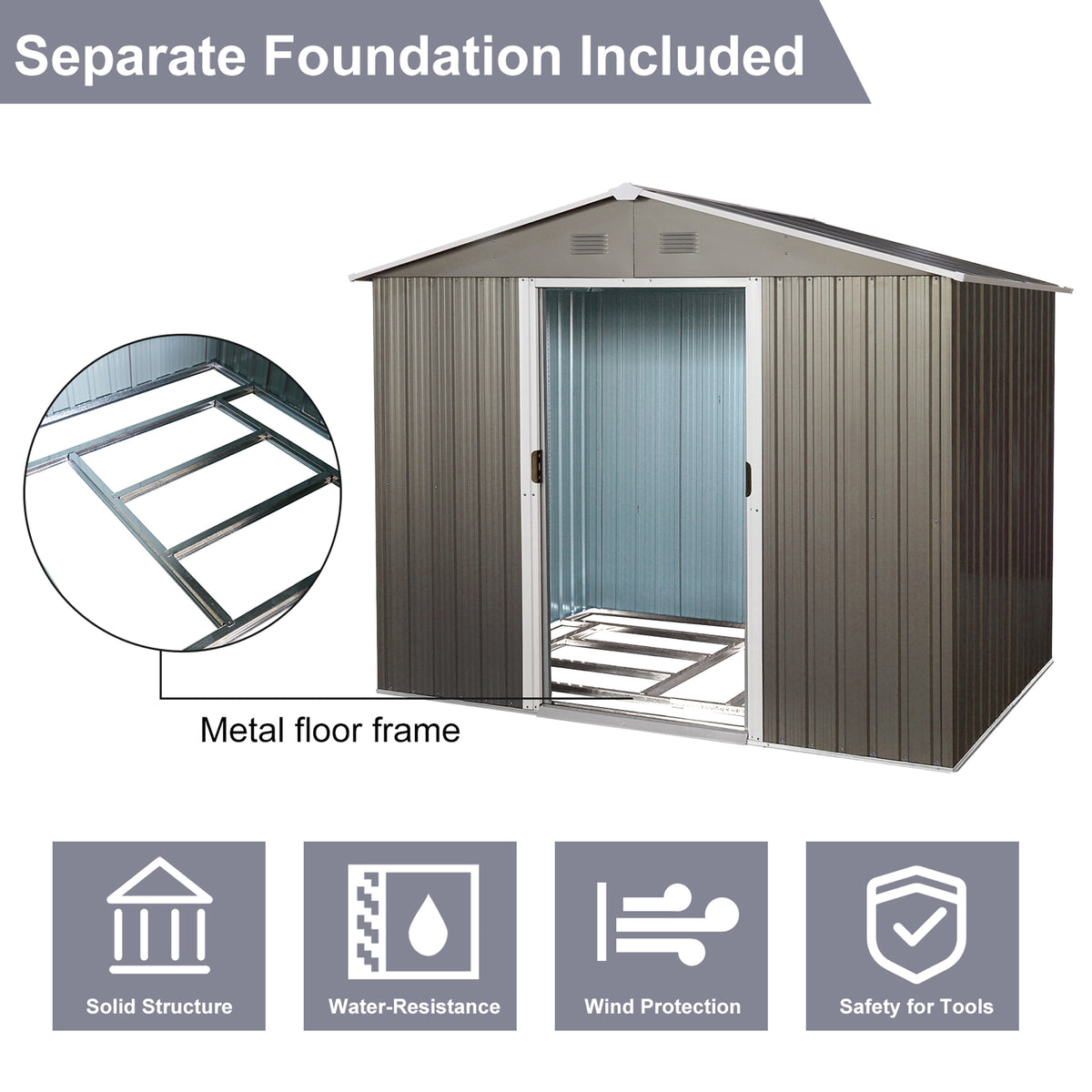 6 ft. x 8 ft. Outdoor Gray Metal Storage Shed with Floor Base – Staykiwi