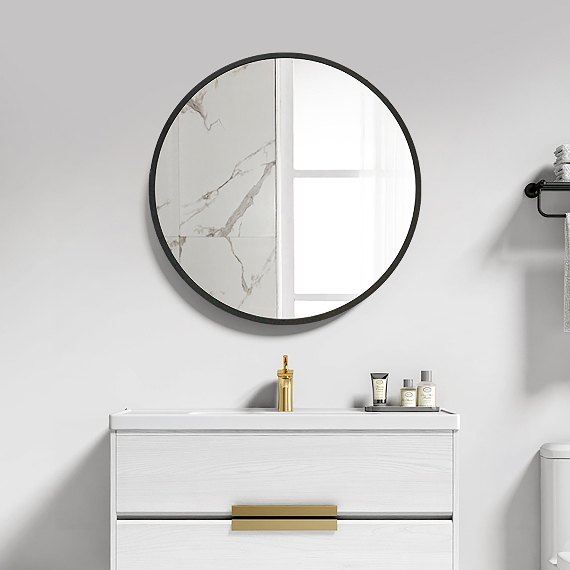 Staykiwi Medicine Cabinet Round 24 x 24 Inch, Wall Mount Bathroom Cabinet with Mirror, Circular Black Metal Framed Bath Storage Cabinet Surface Mounted